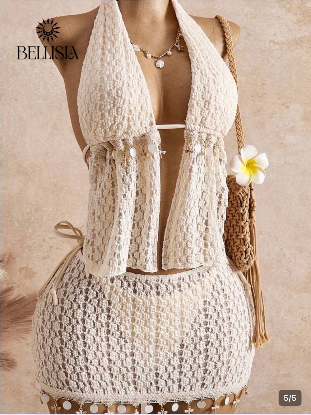 SHEIN Cream Crochet Halter Swim Coverup Set - Picture 5 of 5